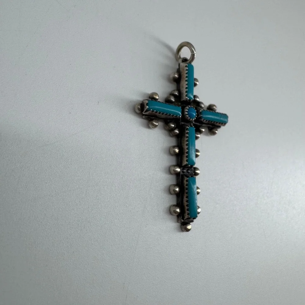 Vintage Navajo Sterling Silver Turquoise Cross Pendant - Signed Tom Bahe